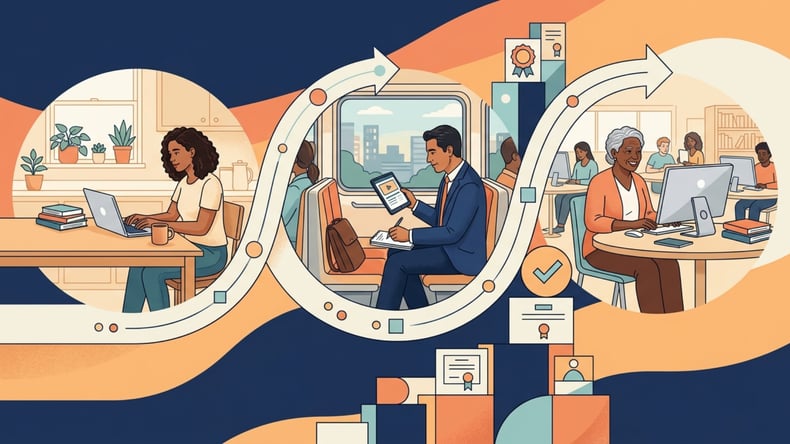 Editorial illustration of a continuous learner journey showing discovery, planning, engagement, and re-engagement stages connected in a loop.