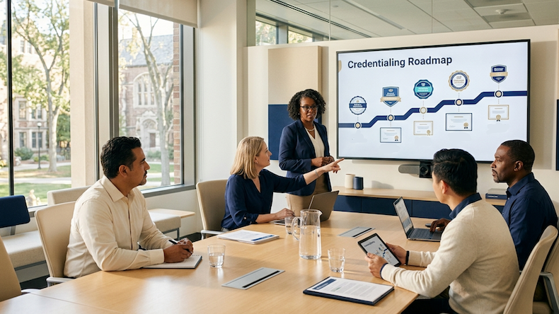 A higher education leadership team plans a verifiable credentials program.