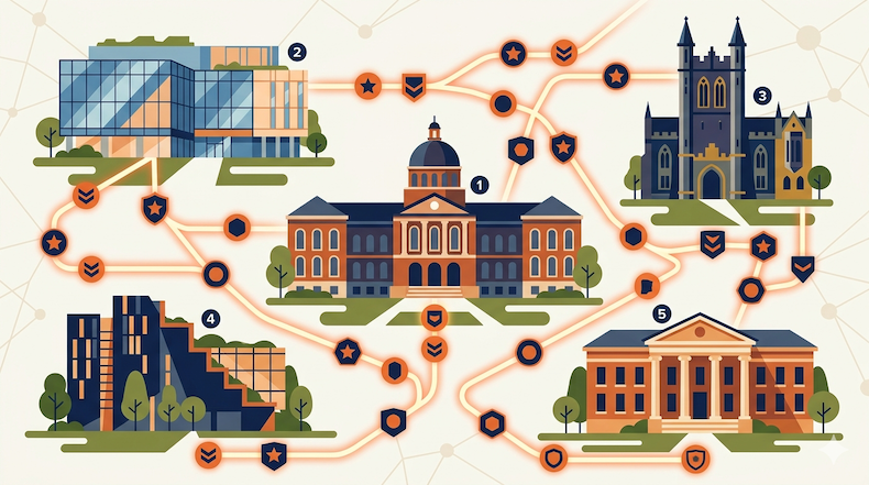 Five university buildings connected by digital badge pathways, representing institutional adoption of digital credentials.