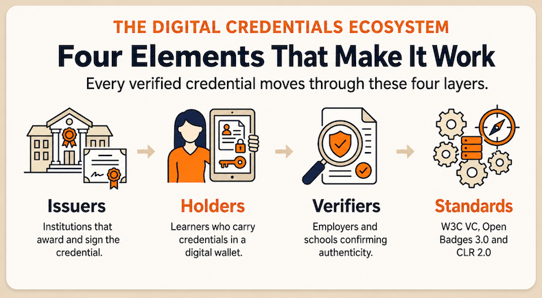The four elements that make a digital credentials ecosystem work: issuers, holders, verifiers and standards.