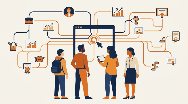 Four learners across life stages — a high school senior, working professional, parent, and mid-career returner — stand before a digital portal that loops outward into careers, credentials, and program pathways.