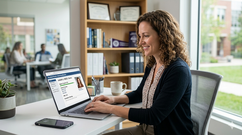 An image of a higher ed leader reviewing real-time data about personalized messaging