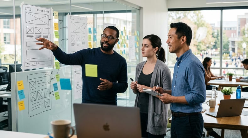 A small higher education web and marketing team collaborates at a glass wall covered in hand-drawn website wireframe sketches and sticky notes.