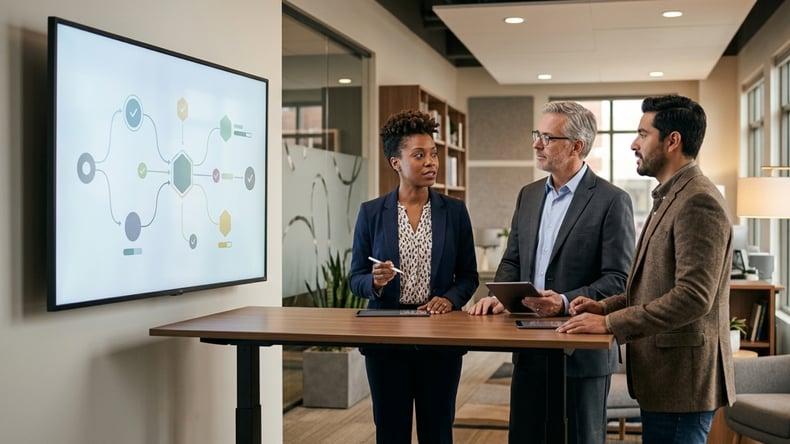 Higher education administrators collaborating around a digital workflow display showing program approvals and credential data.