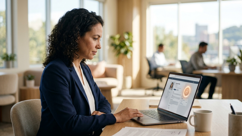 Hiring manager reviewing a candidate profile with digital credentials displayed on a laptop screen.