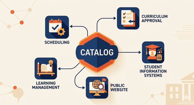 Interconnected higher education systems with a central catalog hub linking to advising, marketing and registration.