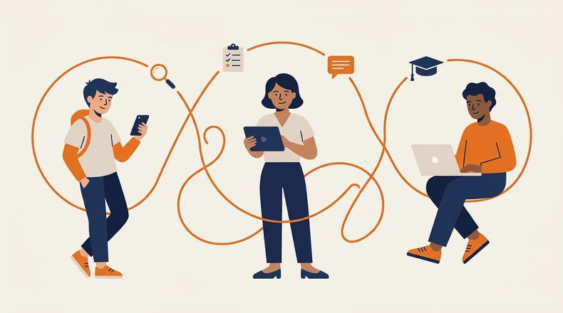 Illustration of diverse learners on a tablet, phone and laptop connected by one continuous path, showing the modern learner journey.