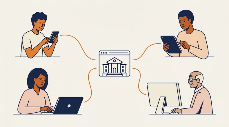 Flat illustration of diverse learners of different ages each connecting to a single university website across a phone, tablet and laptop.