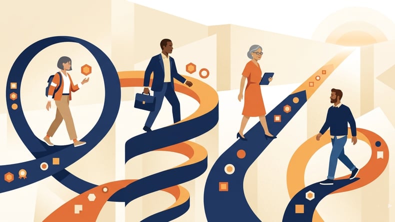 Diverse learners on connected paths representing lifelong learning across multiple career stages.