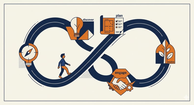A stylized editorial illustration showing the Modern Learner moving through a continuous loop of Discover, Plan, Engage and Evolve, rather than a linear path from school to career.