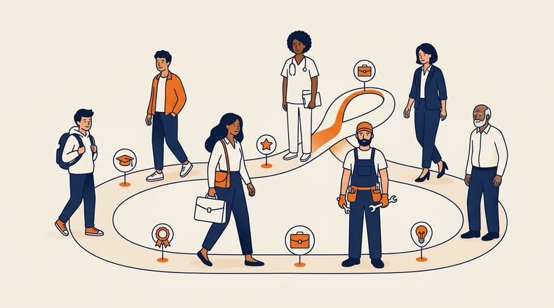 Illustration of diverse modern learners moving in and out of education along a nonlinear journey path.