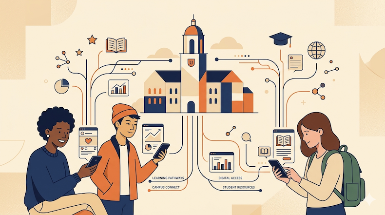 Three different students seeing personalized content paths on a university website.