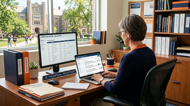 University registrar reviewing an accurate, up-to-date digital course catalog on a laptop in a campus office.
