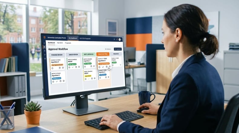 University registrar using curriculum management software with an approval workflow dashboard.