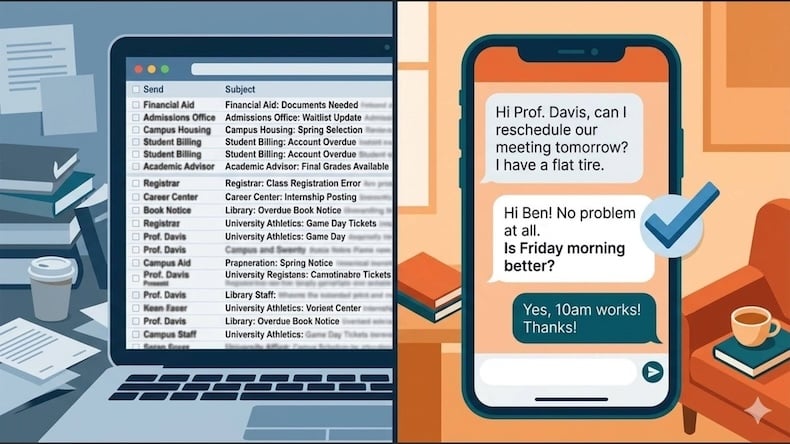 An illustration showing a side-by-side comparison of email and text interfaces.
