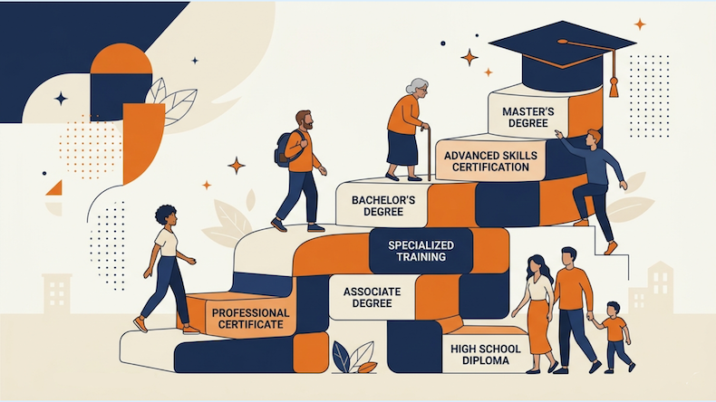 Pathway showing learners climbing stackable credentials toward graduation.