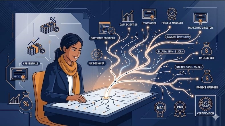 A diagram of a student using data to explore career pathways