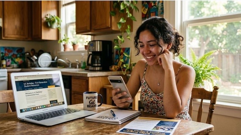 An image of a student receiving a text from an institution
