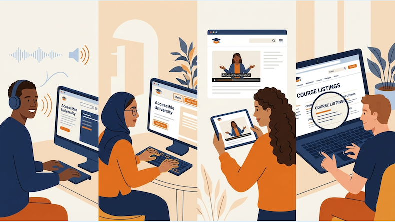 Diverse students accessing university websites with various assistive technologies, including screen readers, keyboards, captions and text zoom.