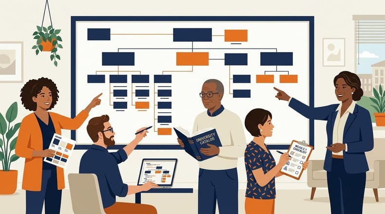 Marketing, IT and academic staff collaborating on a university website redesign plan around a board.