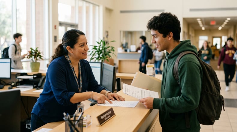 University staff member helping a student with financial aid paperwork at a welcoming enrollment services desk.