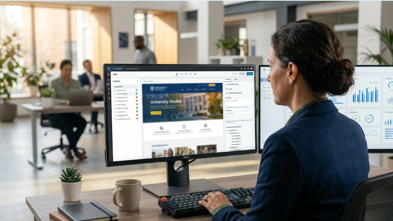 A university web administrator reviewing accessibility compliance checks within a higher education content management system.
