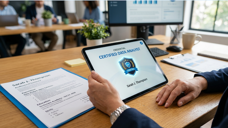 Hiring manager reviewing a candidate's verifiable digital credential on a tablet.