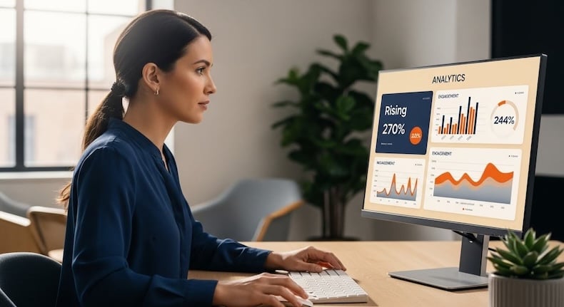 Higher ed marketer reviewing personalized university website performance data on a desktop dashboard.