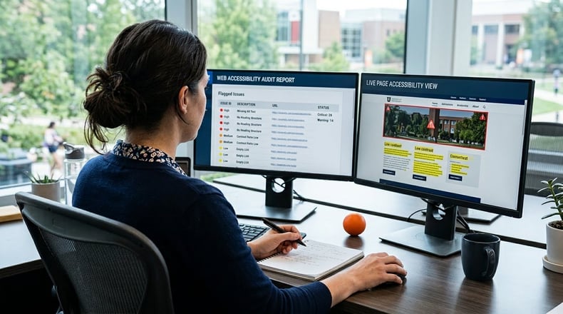 University staff member reviewing website accessibility results on a dual monitor workstation.