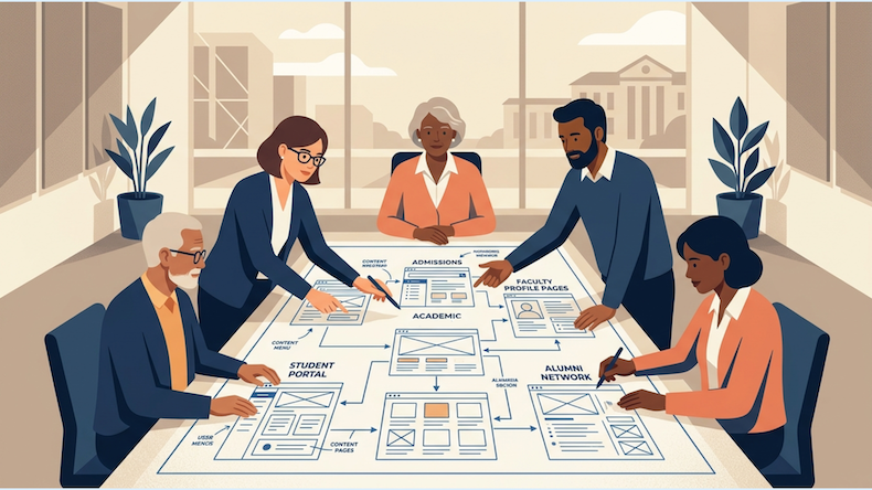 An image of university stakeholders planning a website redesign