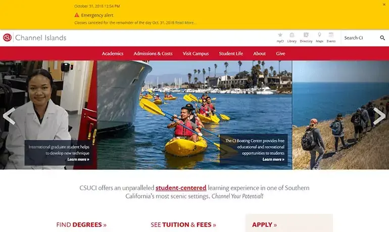 The best university websites have an emergency alert system to notify students and the community of school closures like the one at California State University Channel Islands.
